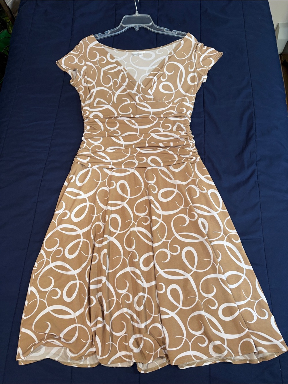 London Times Tan and White Swirl Fit & Flare Midi Dress - Picture 1 of 4